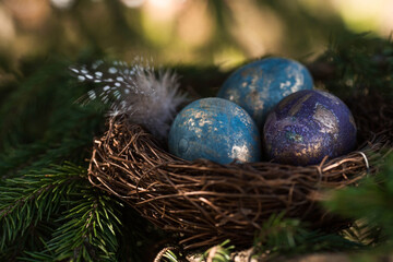 Happy Easter 2022. A postcard with a copy of the place for the text. Purple, blue and golden eggs in a nest on a natural forest background. Top view.