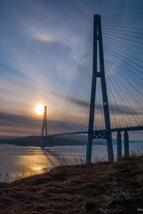 Selective focus. Cable bridge. Night city. Vladivostok.