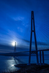Cable bridge. Night city. Vladivostok.