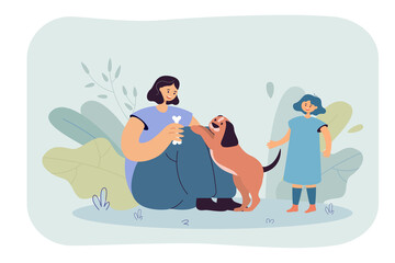 Daughter watching mother playing with dog on ground. Woman holding bone for adorable puppy flat vector illustration. Family, domestic animals concept for banner, website design or landing web page