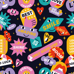 Vector illustration set of positive and funny stickers, pins or patches with motivation phrases. Seamless patterns.