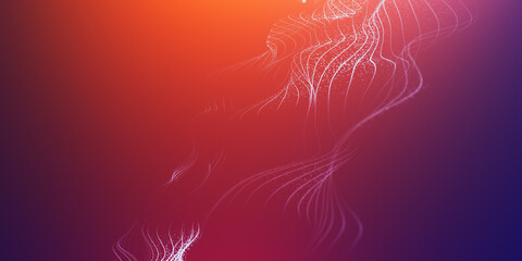Abstract colorful digital particles wave with bokeh and light background, 3d render wave line dot background, line wave light glowing effect particular background.