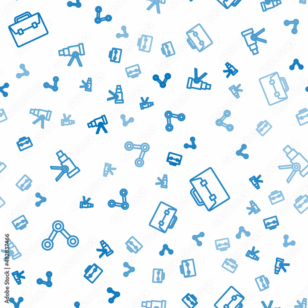 Poster set line molecule, briefcase and telescope on seamless pattern. vector