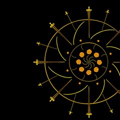 A table with swords of different sizes laid out in a circle. Digital illustration.