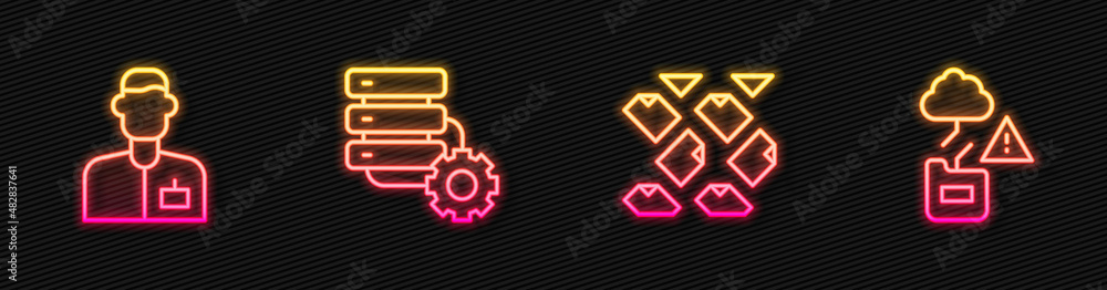 Poster set line data stream, analyst engineer, server and gear and cloud technology data transfer. glowing 