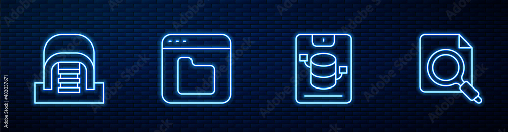 Poster set line server, data, web hosting, hangar with servers, browser files and search concept folder. gl