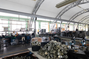 Automobile assembly production. Factory with steel constructions. Plant concept and interior