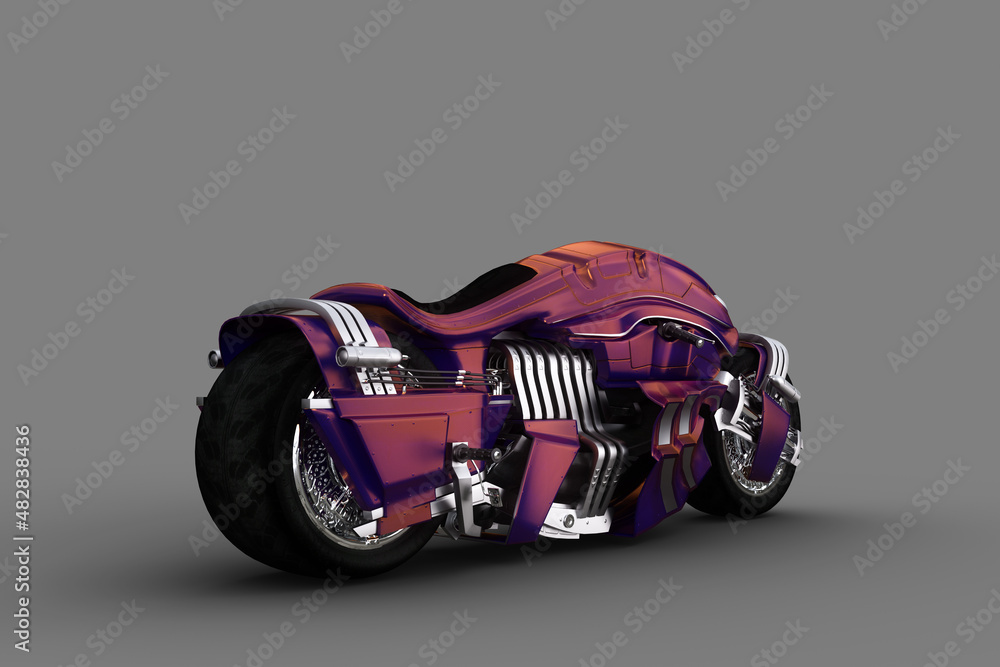 Poster rear perspective view of a fantasy future cyberpunk motorcycle. 3d rendering isolated on grey backgr