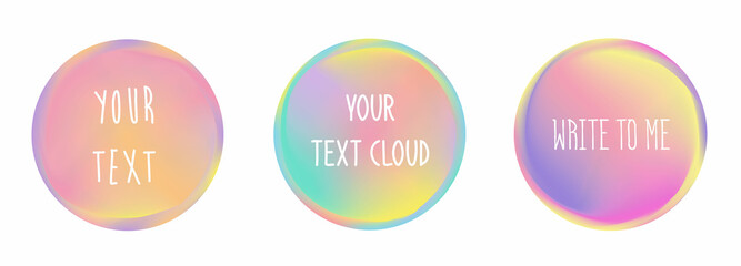 Set of 3 multicolor summer hand drawn circles background with copy space for logo, emblem, poster, banner, social media advertising  isolated on white background. Colored round shape banners. Text