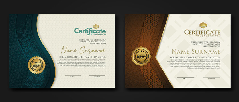 Certificate of achievement and appreciation border template with luxury badge and textured modern floral pattern. For award, business, and education needs