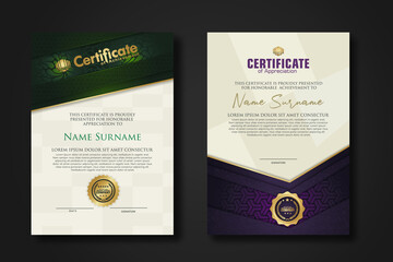 Certificate of achievement and appreciation border template with luxury badge and textured modern floral pattern. For award, business, and education needs