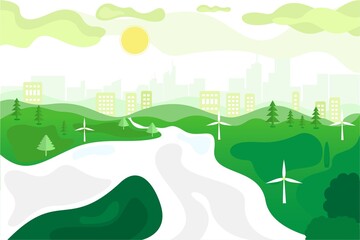 Vector poster with a view of the city and nature with windmills. Eco city.