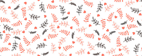 seamless pattern background with leaves and red heart