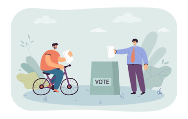 Cartoon voter riding bicycle towards ballot box. People voting for candidates flat vector illustration. Election, politics, government concept for banner, website design or landing web page