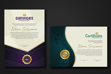 Certificate of achievement and appreciation border template with luxury badge and textured modern floral pattern. For award, business, and education needs