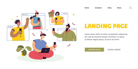 Online birthday party video call. Flat vector illustration. Group of people drinking, celebrating, having fun together in digital space while quarantine. Computer, home, party, hangout concept