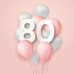 Happy 80th birthday balloons greeting card background. 80 years anniversary. 80th celebrating with confetti. Vector stock	
