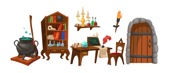 Different objects for wizard school vector illustrations set. Library, room interior with candles, pot or cauldron, books, potions, old papyrus paper scroll. Magic, fairy tale, Halloween concept