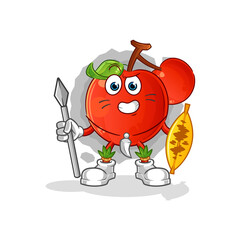 cherries african tribal fighter mascot. cartoon vector