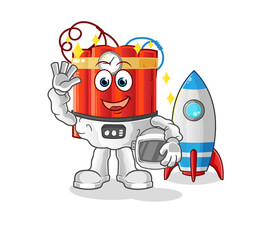 dynamite astronaut waving character. cartoon mascot vector