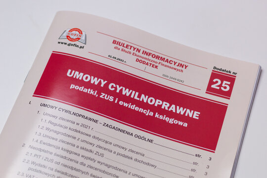 Katowice, Poland – January 25, 2022: Gofin’s information bulletin on Polish civil-law contracts.