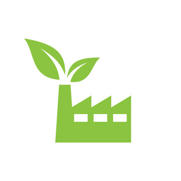 Green factory with leaves filled vector icon. Eco friendly symbol.