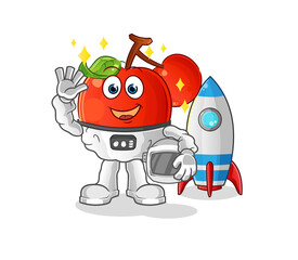 cherries astronaut waving character. cartoon mascot vector