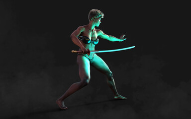 Obraz premium 3d Illustration Human Portrait Of A Beautiful Muscular Techno Warrior with A Samurai Sword with Clipping Path