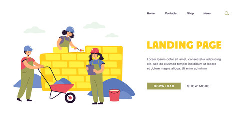 Team of happy children working as constructors. Flat vector illustration. Boys and girls in construction overalls building brick wall at construction site. House, building, game, profession concept