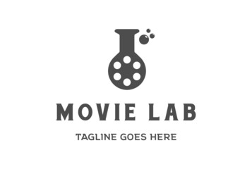 Vintage Retro Film Reel with Lab Glass for Movie Cinema Logo Design
