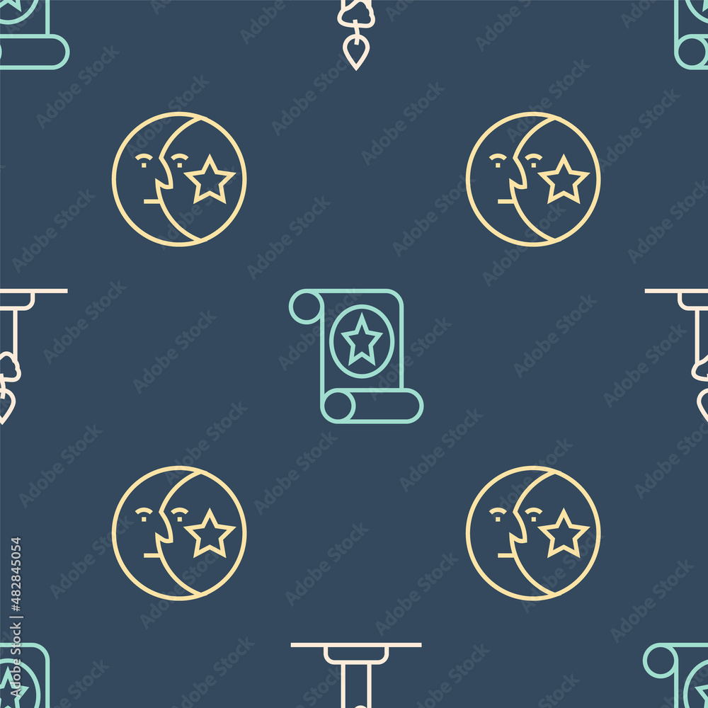 Poster set line burning candle in candlestick, moon stars and magic scroll on seamless pattern. vector
