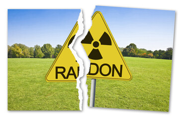 Free from danger of radioactive contamination from RADON GAS - concept with ripped photo of warning...
