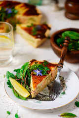 Quiche with salmon and broccoli.selective focus