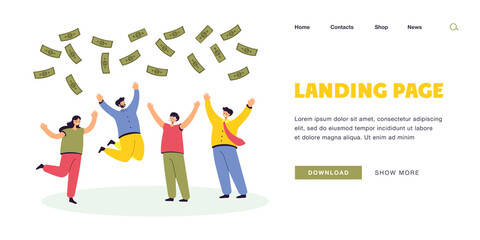 Team of happy people jumping for joy of winning money. Flat vector illustration. Workers standing under falling banknotes, winning jackpot, earning income. Success, luck, profit, business concept