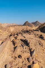 The impressive landscapes of Colas de Dragon in the desert of Tabernas, Almería province,...