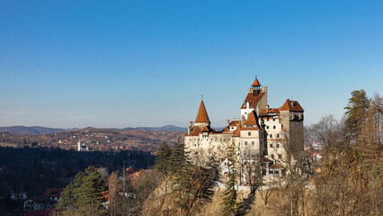 Aerial panorama of a Castle in Transylvania on a sunny day