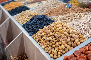 Dried fruits and nuts on local food market