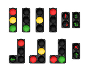 Vector set with illustrations of a traffic light. Traffic regulation.