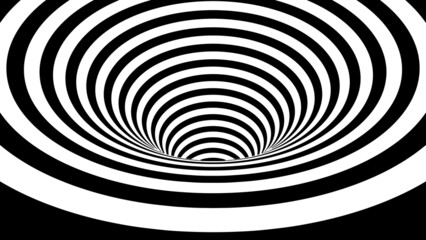3d tunnel. Abstract background of black and white lines. Tunnel through space. Optical illusion. 3D vector illustration.