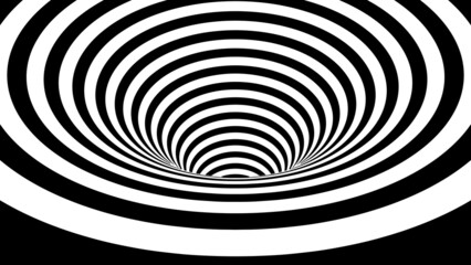 3d tunnel. Abstract background of black and white lines. Tunnel through space. Optical illusion. 3D vector illustration.
