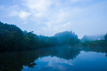 Fototapeta na wymiar 早朝の朝靄に包まれる池
