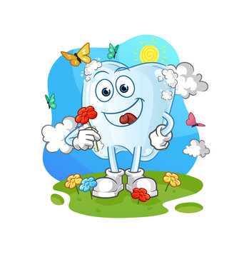 tooth with foam pick flowers in spring. character vector