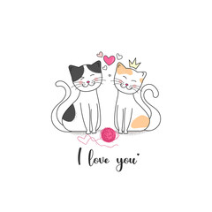 Draw vector illustration character design couple love of cats with little heart