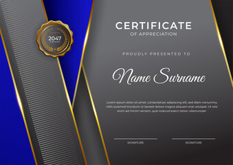 Modern business black white and gold certificate of achievement template with gold badge and border