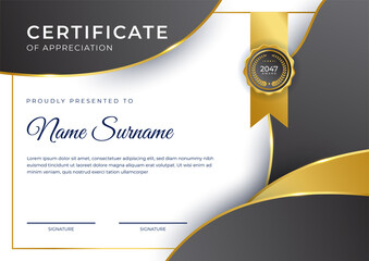 Modern business black white and gold certificate of achievement template with gold badge and border