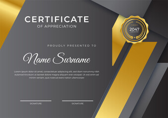 Modern business black white and gold certificate of achievement template with gold badge and border