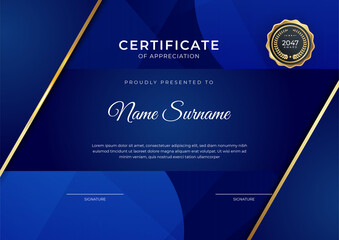 Elegant blue and gold diploma certificate template with gold badge and border