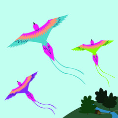 Macaw parrot kites. Ara parrot kite shape and design vector illustration. Brightly colored wind flying toys.