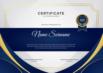 Elegant blue and gold diploma certificate template with gold badge and border - obrazy, fototapety, plakaty