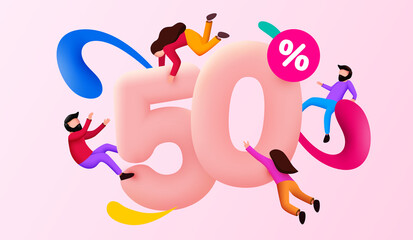 Mega sale. 50 percent discount. Special offer background with flying people. Promotion poster or banner.